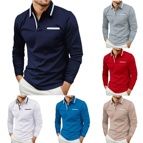 2 Pack Golf Shirts for Men with Pocket Long Sleeve T-Shirts Mens Casual Color-Block Pullover Slim-Fit Button Collared Athletic Workout Tees Tops