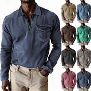 2 Pack Golf Shirts for Men with Zipper and Pocket Long Sleeve Tshirts Shirt Mens Casual Solid Color Pullover Collared Vintage Going-Out Work Tops