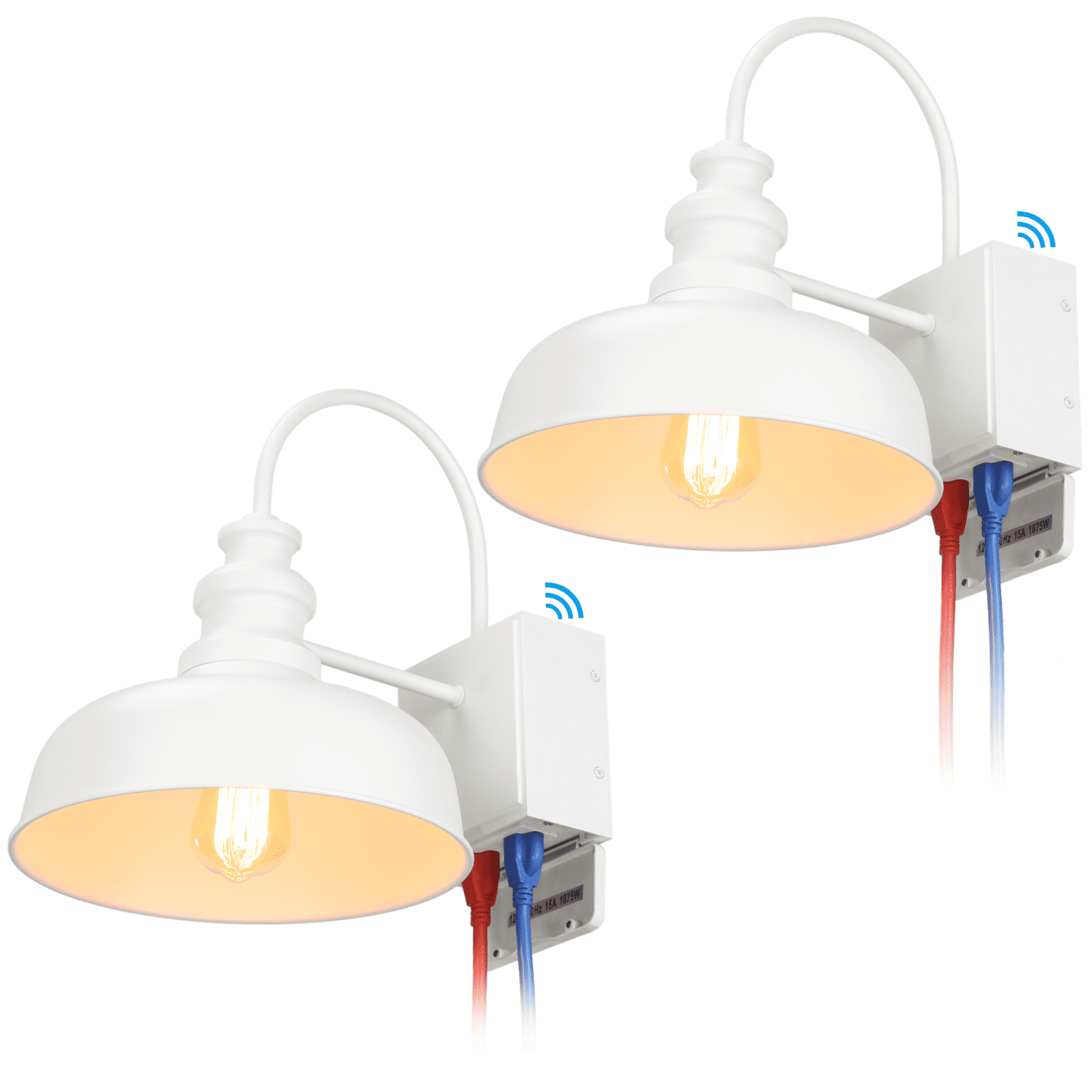 2 Pack Gooseneck Barn Light with GFCI Outlet, Outdoor E26 Base Dusk to Dawn Floodlight, Farmhouse Wall Lantern, White