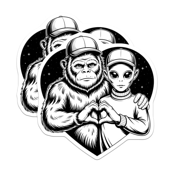 (2 Pack) Gorilla Alien Love Magnets - Heart Hands Friendship - Space Extraterrestrial Ape Decor - 5 Inches On Longest Side - Thick Durable Magnet - Made in USA - MAG22015