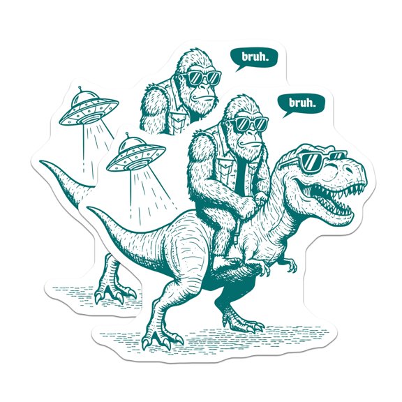 (2 Pack) Gorilla Riding T Rex Stickers - Cool Dinosaur UFO - Bruh Meme Decals - 5" On Longest Side - Sticks to Smooth Flat Surfaces - Made in USA - BMCS21322