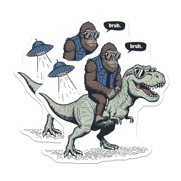 (2 Pack) Gorilla Riding T Rex Stickers - Funny Bruh Meme Dinosaur Decal - Sasquatch UFO Alien Art - 5" On Longest Side - Sticks to Smooth Flat Surfaces - Made in USA - BMCS21808