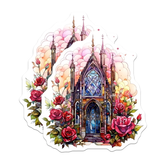 (2 Pack) Gothic Chapel Stickers - Stained Glass Church - Romantic Rose Architecture - 5" On Longest Side - Sticks to Smooth Flat Surfaces - Made in USA - BMCS30278