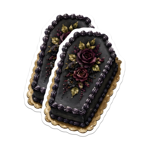(2 Pack) Gothic Coffin Cake Magnets - Dark Romantic Floral Bakery Decor - Vintage Spooky Halloween Kitchen Accessories - 5 Inches On Longest Side - Thick Durable Magnet - Made in USA