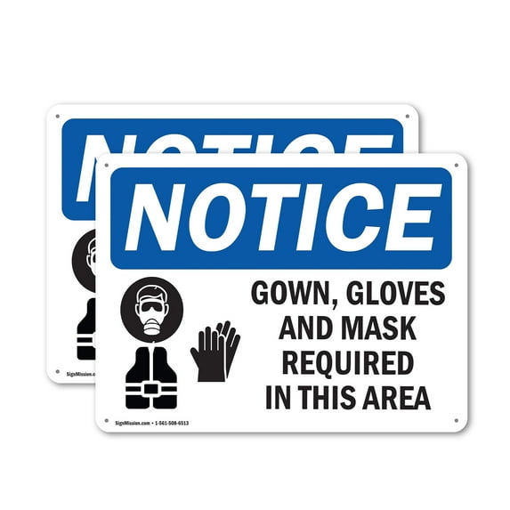 (2 Pack) Gown Gloves And Mask Required In This Room OSHA Notice Sign 10 Inch X 7 Inch Plastic Sign, Weather Resistant, UV Protected for Workplace, Business, and Construction Site, Made