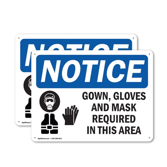 (2 Pack) Gown Gloves And Mask Required In This Room OSHA Notice Sign 24 Inch X 18 Inch Plastic Sign, Weather Resistant, UV Protected for Workplace, Business, and Construction Site, Made