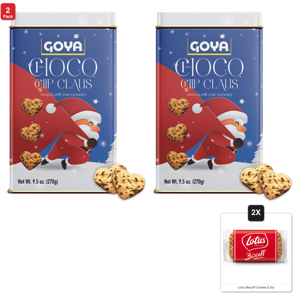 2 Pack | Goya Christmas Cookie Gift Collection, Festive Chocolate Claus Chip Heart-Shaped Christmas Cookies In Tin, Holiday Treats For Family & Friends, 9.5 Oz & 2x Lotus Biscoff Cookies 0.2oz