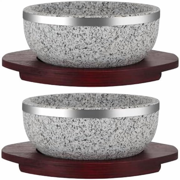 2 Pack Granite Stone Bowl 32 oz, Dolsot Pot with Wood Base for Cooking and Serving Korean Bibimbap, Soup, Rice, Ramen, Stew$$Home Decor, Kitchen, & Other
