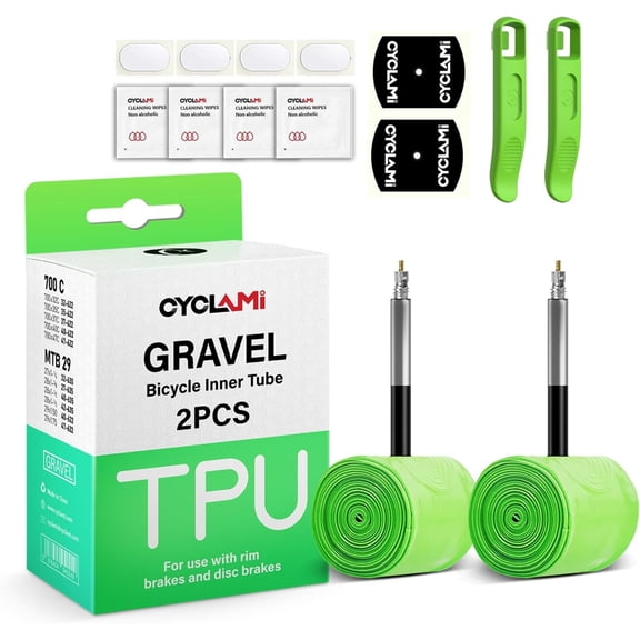 2 Pack CYCLAMI Bike Tire Tube for 700C Road / MTB26/27.5/29 / Gravel, TPU Bike Inner Tube with 45/60/65/80/85mm Presta Valves, Ultra-Light TPU Inner Tube(Include Patch Repair Kits)