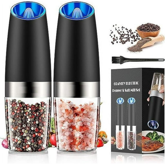 2 Pack Gravity Electric Pepper and Salt Grinder Set, Angivlga Adjustable Coarseness, Battery
