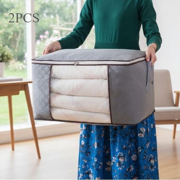 2 Pack Gray Foldable Nonwoven Clothes Storage Containers - Durable Closet Organizers for Bedding, Comforters, Blankets & Linens