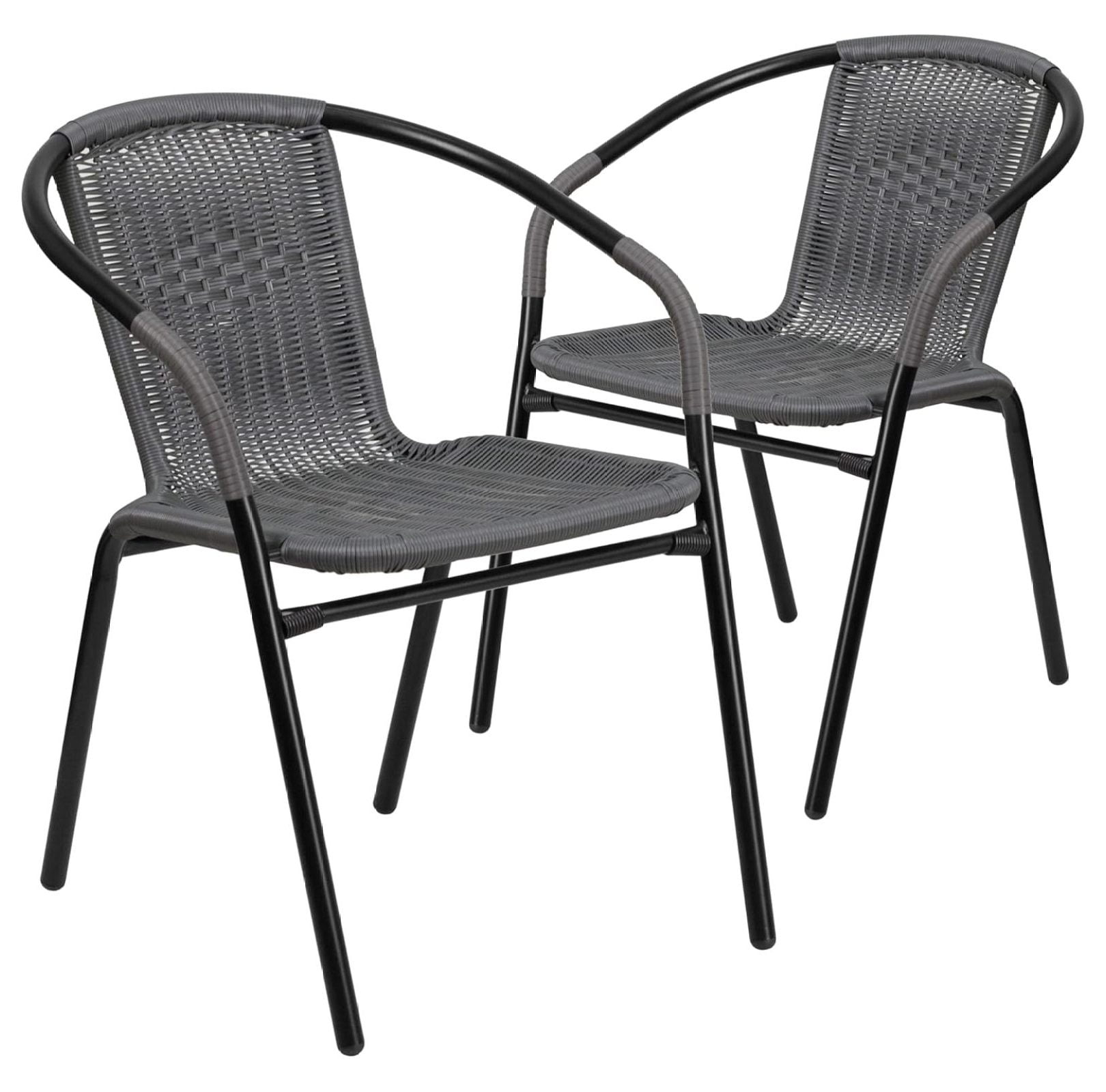 2 Pack Gray Rattan IndoorOutdoor Restaurant Stack Chair with Curved