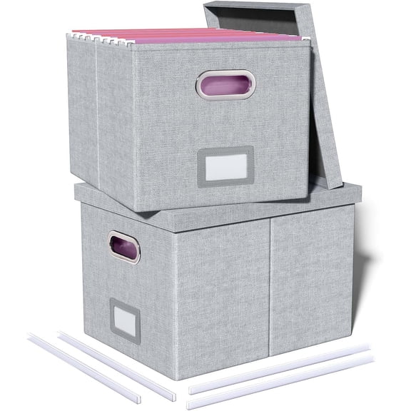 2 Pack Gray-White File Storage Organizer with Lid, Letter and Legal Folder Box, Foldable Document Organizer