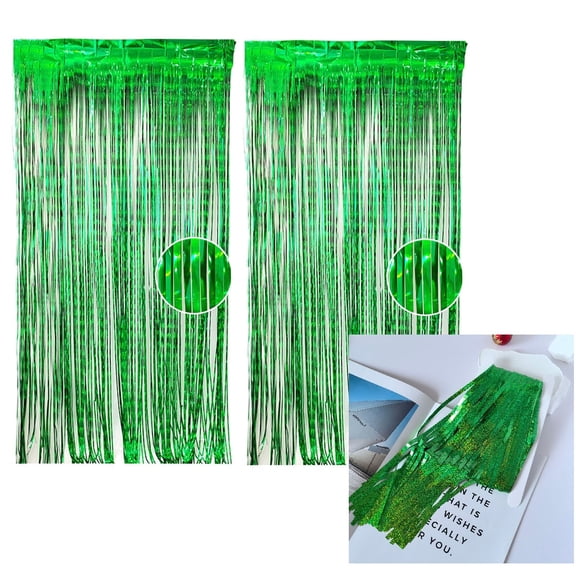 2 Pack Green Color Tinsel Backdrop 39in x 79in , Metallic Foil Backdrop Fringe Curtains Party Streamer, Party Decorations Photo Backdrop for Birthday