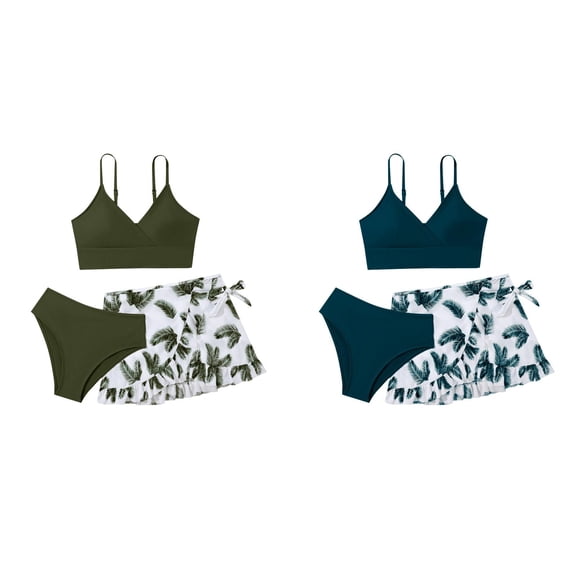 2 Pack(Green & Dark Green) Girl's 3 Piece Size 12 S Swimsuit Swimsuits Soild Bikini Rullfe Neon Two Piece Set Bathing Suit Briefs Girls Swimsuit 2T Bikini Swim