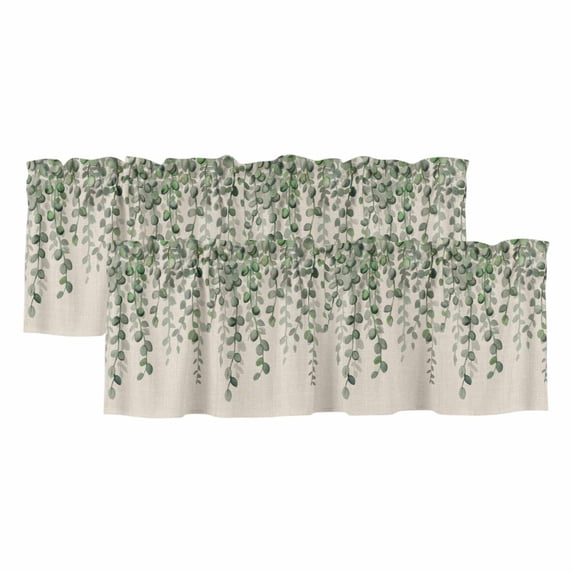 2 Pack Green Eucalyptus Leaves Valances for Windows Bedroom Living Room Window Treatments, Summer Botanical Weeping Rustic Rod Pocket Valance Drapes Short Kitchen Curtains Over Sink 60"x18"