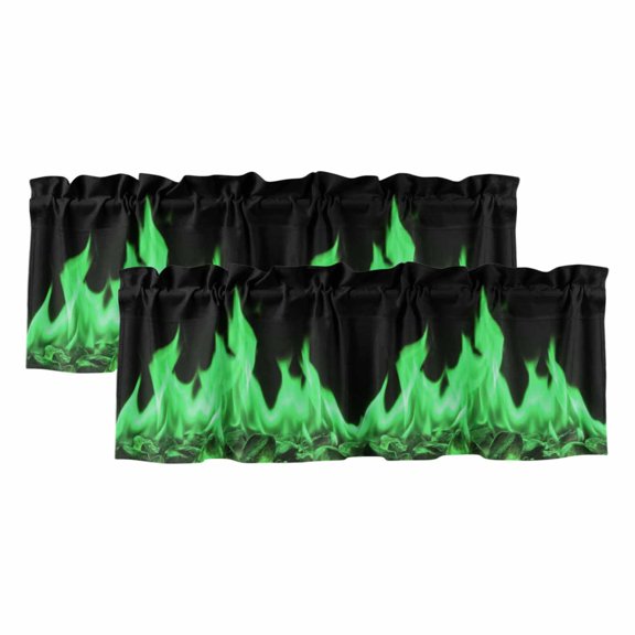 2 Pack Green Flames Valance for Window Neon Style Black Background Kitchen Valance Rod Pocket Short Curtain Topper Decorative Window Treatment for Living Room Bedroom 42"x12"