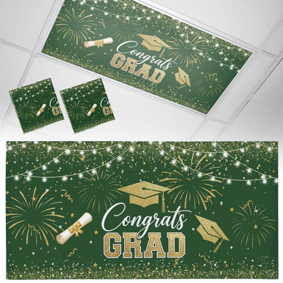 2 Pack Green Gold Graduation Cap Fluorescent Light Covers for Ceiling Lights Graduates Celebration Fireworks Classic Magnetic Ceiling Light Covers Overhead Light Filters for Office Classroom Home
