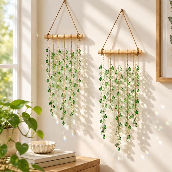 2 Pack Green Leaf Crystal Suncatchers with Prisms, Hanging Window Home Decor