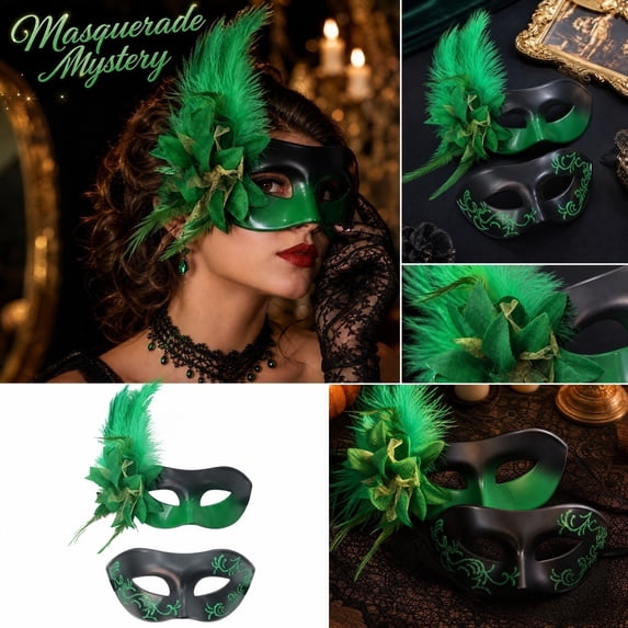 2 Pack, Green Masquerade Mask Set, Halloween Mask Couples Party Accessory, Feather and Glitter Decorated Eyemask for Stage Performance, Holiday Outfit