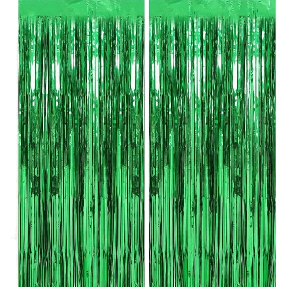2 Pack Green Metallic Tinsel Foil Fringe Curtains, Doorway Window Curtain for Photo Backdrop Baby Shower Wedding Birthday Party Decor