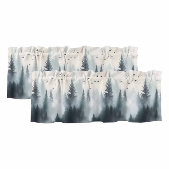 2 Pack Green Mountain Valance for Window Retro Forest Nature Tree Sky Sun Birds Kitchen Valance Rod Pocket Short Curtain Topper Decorative Window Treatment for Living Room Bedroom 42"x12"