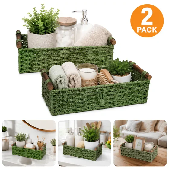 Generic 2 pack Green Paper Rope Storage Baskets, Rectangular Organizer Bins with Wooden Handles, Multi-Purpose Decor Containers for Bathroom & Countertop