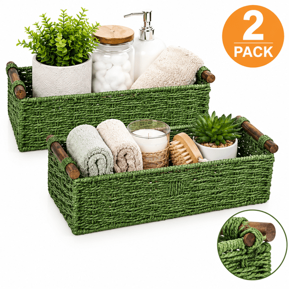 Generic 2 pack Green Paper Rope Storage Baskets, Rectangular Organizer Bins with Wooden Handles, Multi-Purpose Decor Containers for Bathroom & Countertop