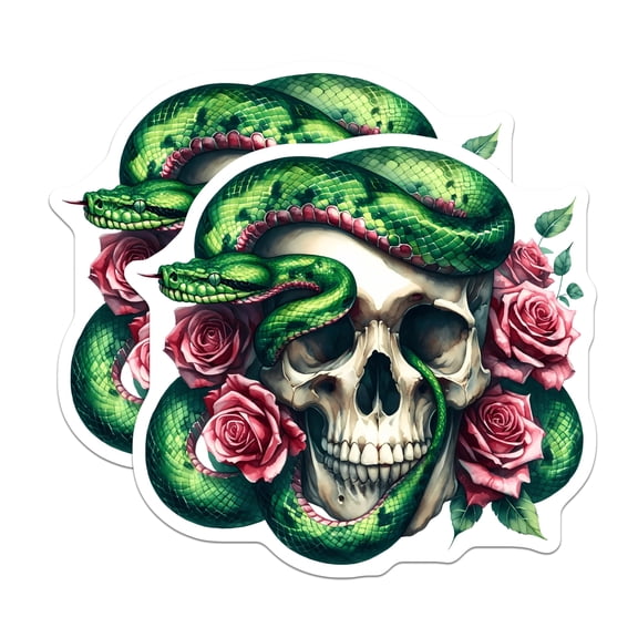 (2 Pack) Green Snake Skull Stickers - Red Rose Floral Serpent Decal - Gothic Macabre Tattoo Style Art - 5" On Longest Side - Sticks to Smooth Flat Surfaces - Made in USA - BMCS23094