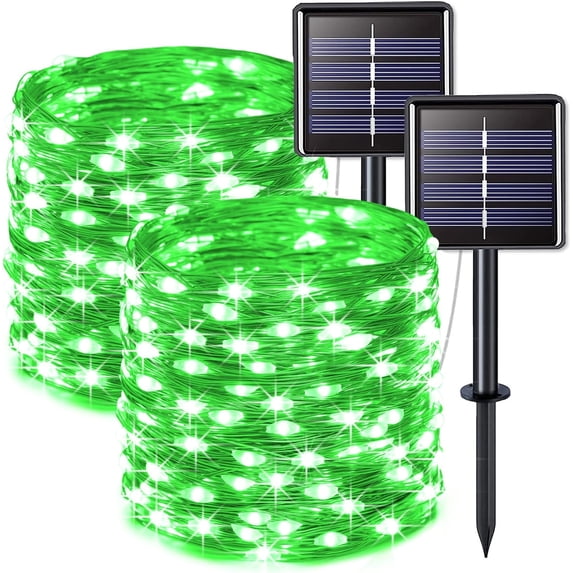 2 Pack Green Solar Fairy Lights, Each 33ft 100 LED Green Solar Lights Outdoor, Waterproof St Patricks Day String Lights for Outside Patio Garden Party Tree Decorations