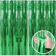 2 Pack Green Streamers Backdrop Jungle Party Decorations Foil Fringe Backdrop Curtains Photo Booth Backdrop for Birthday Dinosaur Animal St Patrick's Day Football Christmas Party Decorations