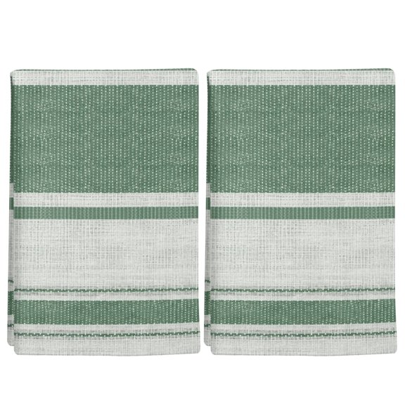 2 Pack Green Stripes Kitchen Towels Turquoise Beige Center Band Linen Texture Rustic Decorative Dish Towel Sets Absorbent Quick Dry Hand Cloths Tea Towels for Cooking Baking Farmhouse Gifts 18x28in