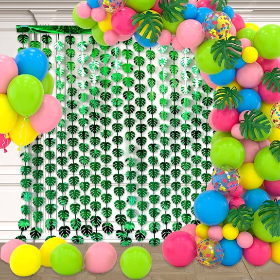 2 Pack Green Tropical Monstera Leaf Foil Fringe Curtain, Jungle Theme Tinsel Streamer Backdrop for Luau Hawaiian Party Decorations