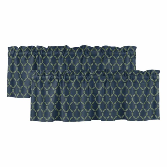 2 Pack Green Vine Trellis Valance for Window Traditional Leaf Diamond Grid Navy Blue Kitchen Valance Rod Pocket Short Curtain Topper Decorative Window Treatment for Living Room Bedroom 54"x18"