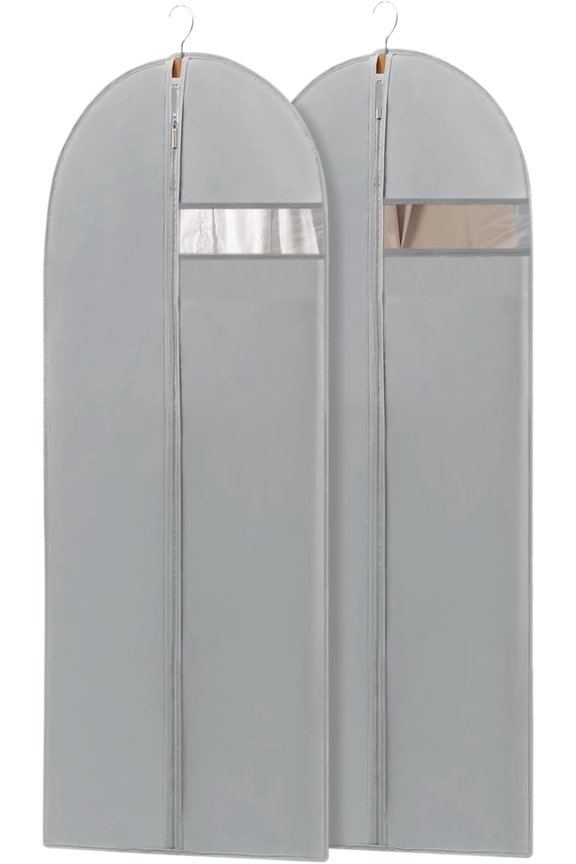 2 Pack Grey 65 Inch Long Hanging Gown Garment Bags with Clear View Window, Dustproof Wrinkle-Free Hanging Clothes Storage Covers for Closet & Travel, Fit Wedding Dresses, Evening Gowns