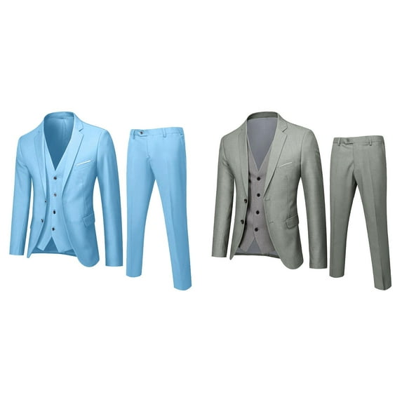 2 Pack(Grey & Blue) Men’S Suit Slim 3 Men's Suits Big and Tall Piece Suit Business Wedding Mens 3 Piece Suit Slim Fit Party Jacket Vest & Suit Dress for Men Pan