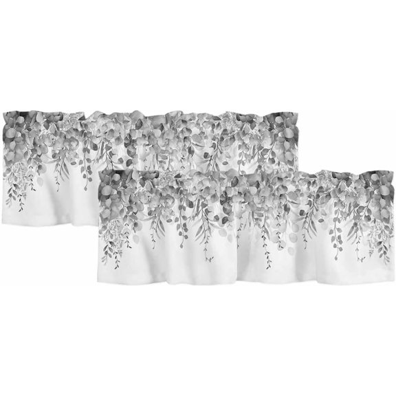 2 Pack Grey Botanical Valances for Windows, Weeping Eucalyptus Leaves Watercolor Kitchen Valance Light Filtering Rod Pocket Short Curtains for Kitchen Bathroom, 54"x18"