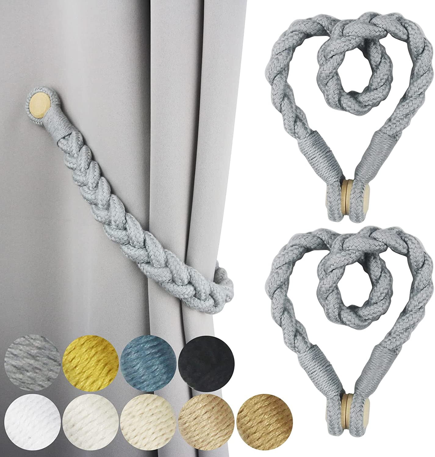 2 Pack Grey Magnetic Soft Curtain Tiebacks Cotton Hand-Woven Tieback ...