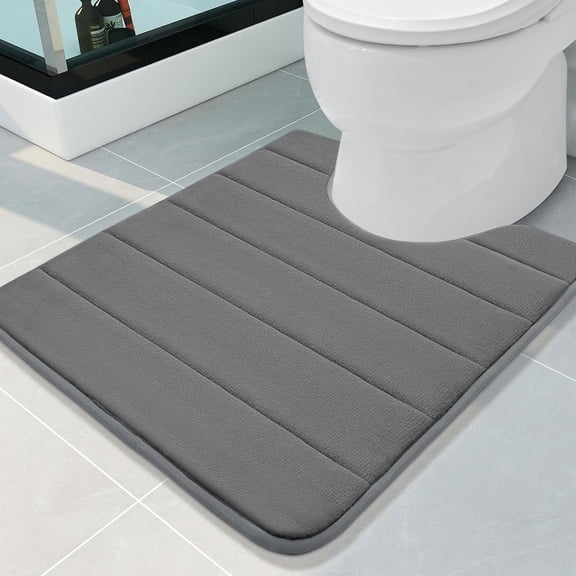 2 Pack Grey U-Shaped Toilet Rugs, 24 x 20 Inch Contour Bath Mats with Soft Padded Surface, Non-Slip PVC Backing, Machine Washable Floor Mats for Bathroom and Powder Room
