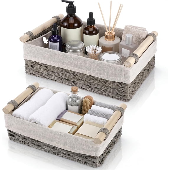 2-Pack Grey Woven Storage Baskets, Organizer Bins with Fabric Liner
