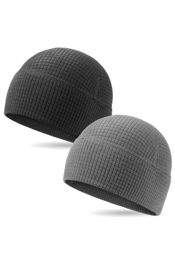 2 Pack Grid Fleece Beanie for Men & Women, Lightweight Stretch Watch Cap, Tactical Skull Cap for Hiking, Hunting, Fishing, Running & Outdoor Activities
