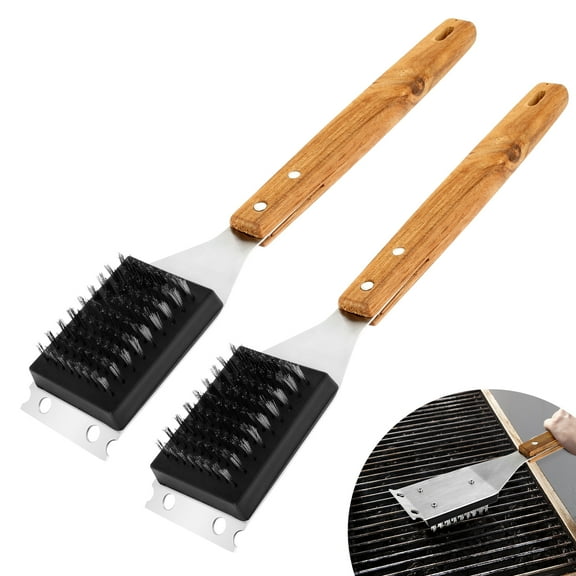 2 Pack Grill Brush and Scraper 15 Inch BBQ Grill Brush Effective Grill Cleaning Brush with Wood Handle and Stainless Steel Bristles Head Safe Grill Cleaner Brush