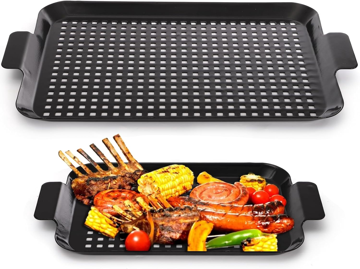 2 Pack Grill Topper Pans, Nonstick Barbecue Grilling Baskets with ...
