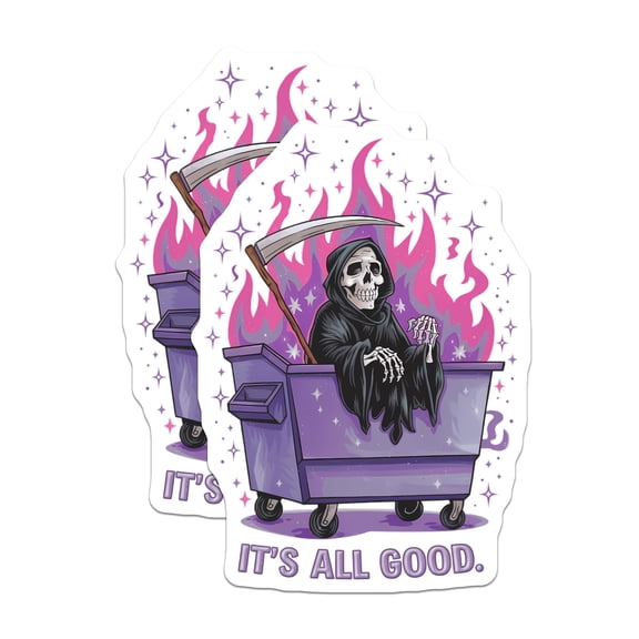 (2 Pack) Grim Reaper Dumpster Fire Magnets - It's All Good Skeleton - Dark Humor Goth Sarcastic Alternative Art Decor - 5 Inches On Longest Side - Thick Durable Magnet - Made in USA - MAG20720