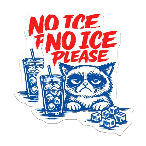 (2 Pack) Grumpy Cat Stickers - No Ice Please Meme Decal - Sarcastic Beverage Humor - Funny Animal Pet Sticker - 5" On Longest Side - Sticks to Smooth Flat Surfaces - Made in USA - BMCS23188