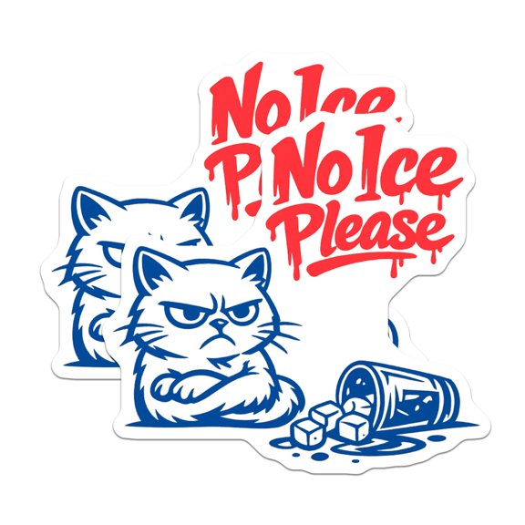 (2 Pack) Grumpy Cat Stickers - No Ice Please Meme - Sarcastic Attitude Feline Decal - 5" On Longest Side - Sticks to Smooth Flat Surfaces - Made in USA - BMCS21910