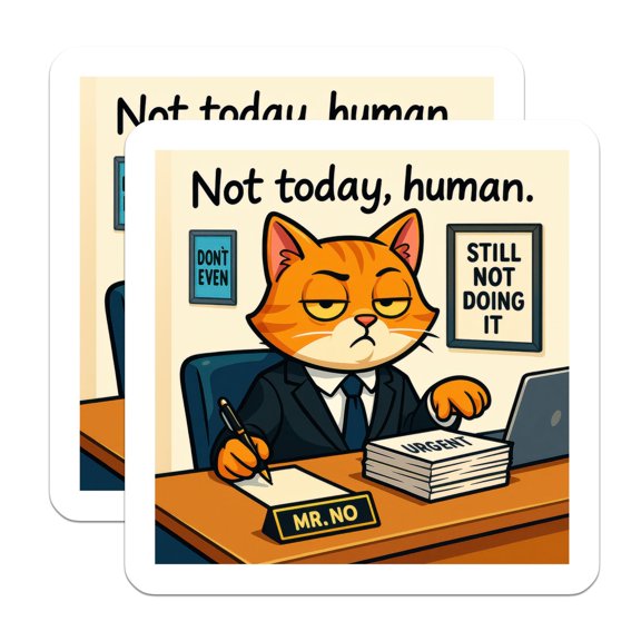 (2 Pack) Grumpy Cat Stickers - Not Today Human Decal - Funny Office Humor - Anti Work Meme - Sarcastic Animal Sticker - 5" On Longest Side - Sticks to Smooth Flat Surfaces - Made in USA - BMCS21618