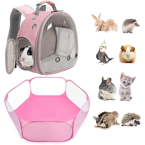 2-Pack Guinea Pig Carrier Backpack and Playpen Set - Breathable Pet Playpen Pop Open Outdoor/Indoor Exercise Fence, Portable Small Animal Backpack for Bearded Dragon, Rabbits, Hamster, Chinchillas