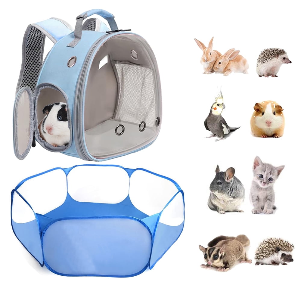 2-Pack Guinea Pig Carrier Backpack and Playpen Set - Breathable Pet Playpen Pop Open Outdoor/Indoor Exercise Fence, Portable Small Animal Backpack for Bearded Dragon, Rabbits, Hamster, Chinchillas