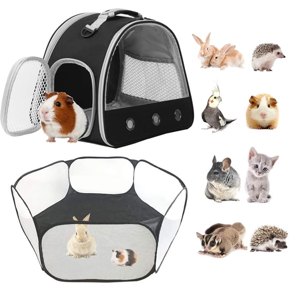 2-Pack Guinea Pig Carrier and Playpen Set - Breathable Pet Playpen Pop Open Outdoor/Indoor Exercise Fence, Portable Small Animal Backpack for Bearded Dragon, Rabbits, Hamster, Chinchillas
